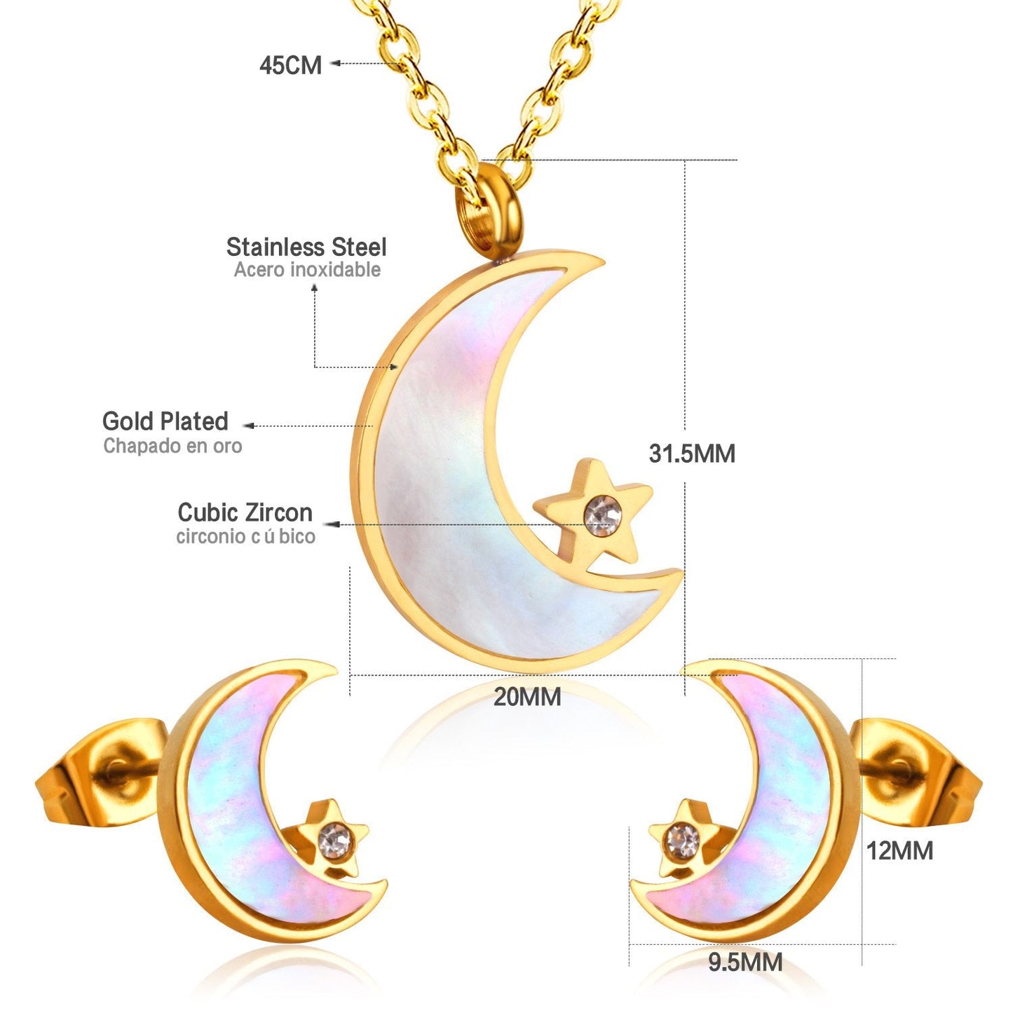 ASON Moon Star Shell 316L Stainless Steel Bridal Wedding Jewelry Sets for Women 2019 Necklace Pendant Small Stud Earring