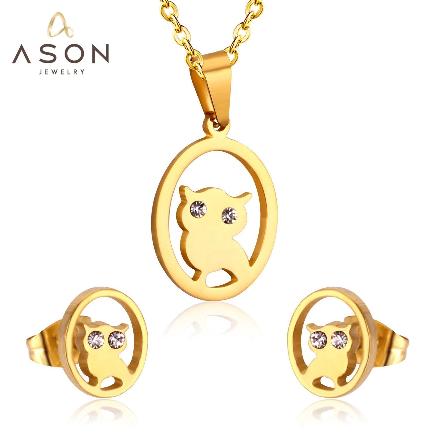 ASON Gold Color 316L Stainless Steel Jewelry Sets for Women Round Owl Pendant Necklace Small Stud Earrings for Femme