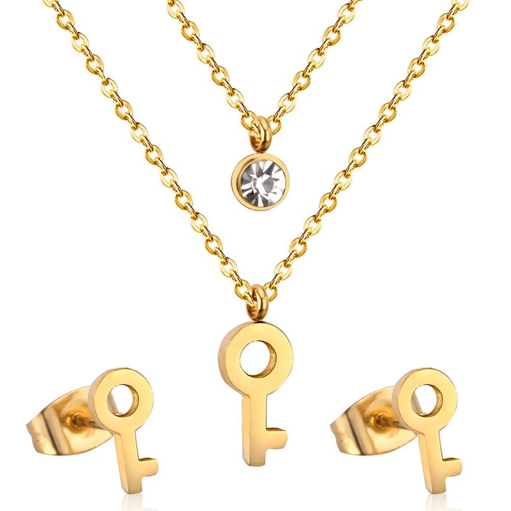 Key Pendant Stainless Steel Necklace Earring Crystal Wedding Bridal Gold Jewelry Set For Women Girls Jewellery Set