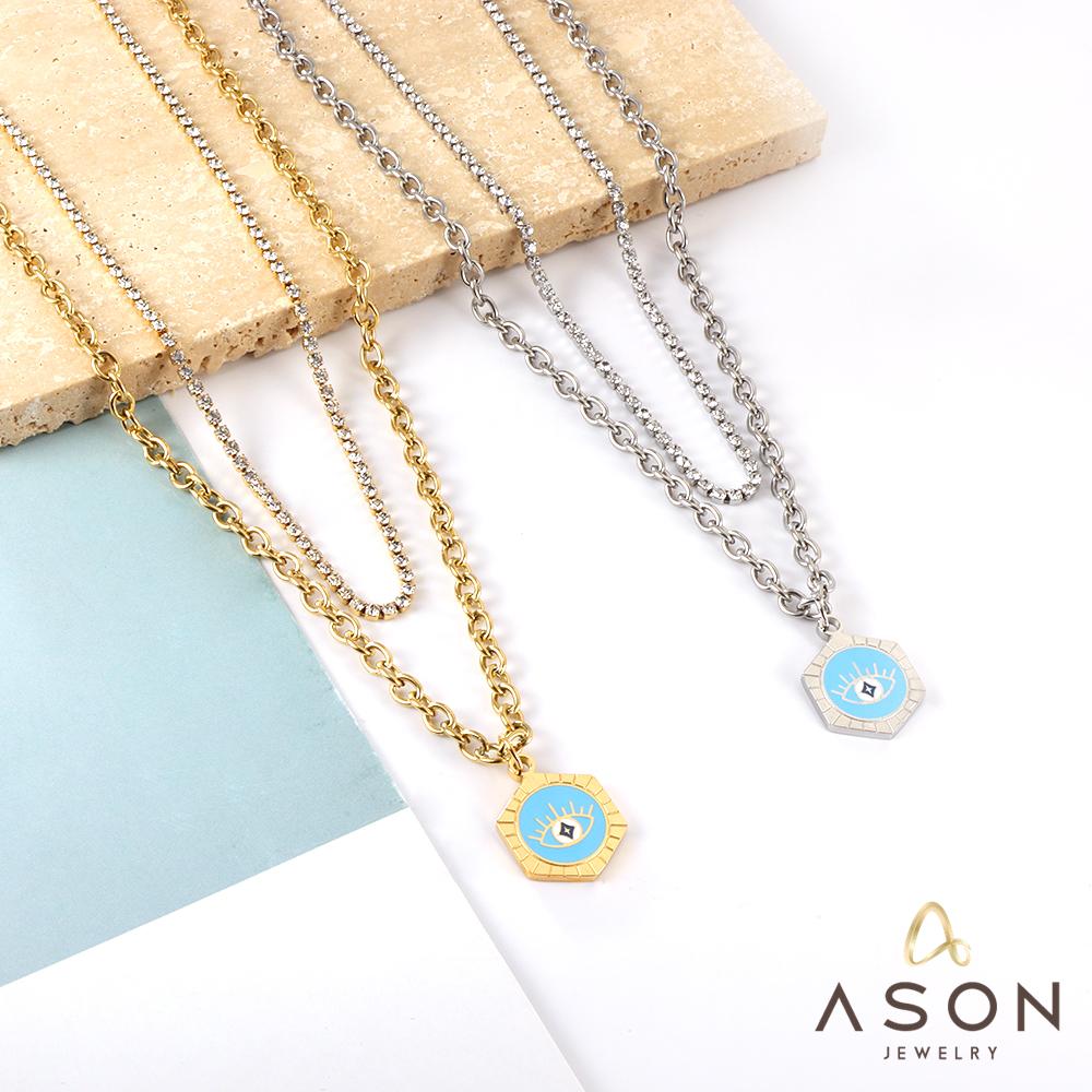 ASON Trendy Hexagon Blue Evil Eye Charm Pendant Necklace Gold Color Stainless Steel For Women Jewelry Chokers Boho Party