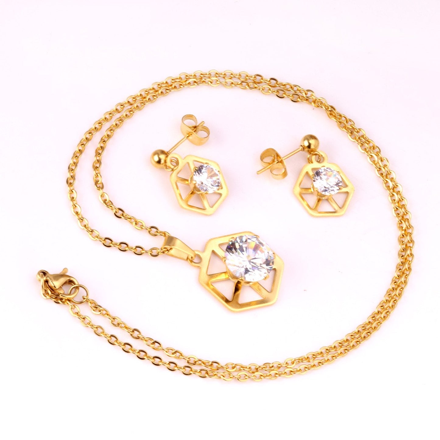 Hexagon With Cubic Zircon Pendant Necklaces Earrings Sets For Women Party Jewelry Set Factory Direct parures bijoux