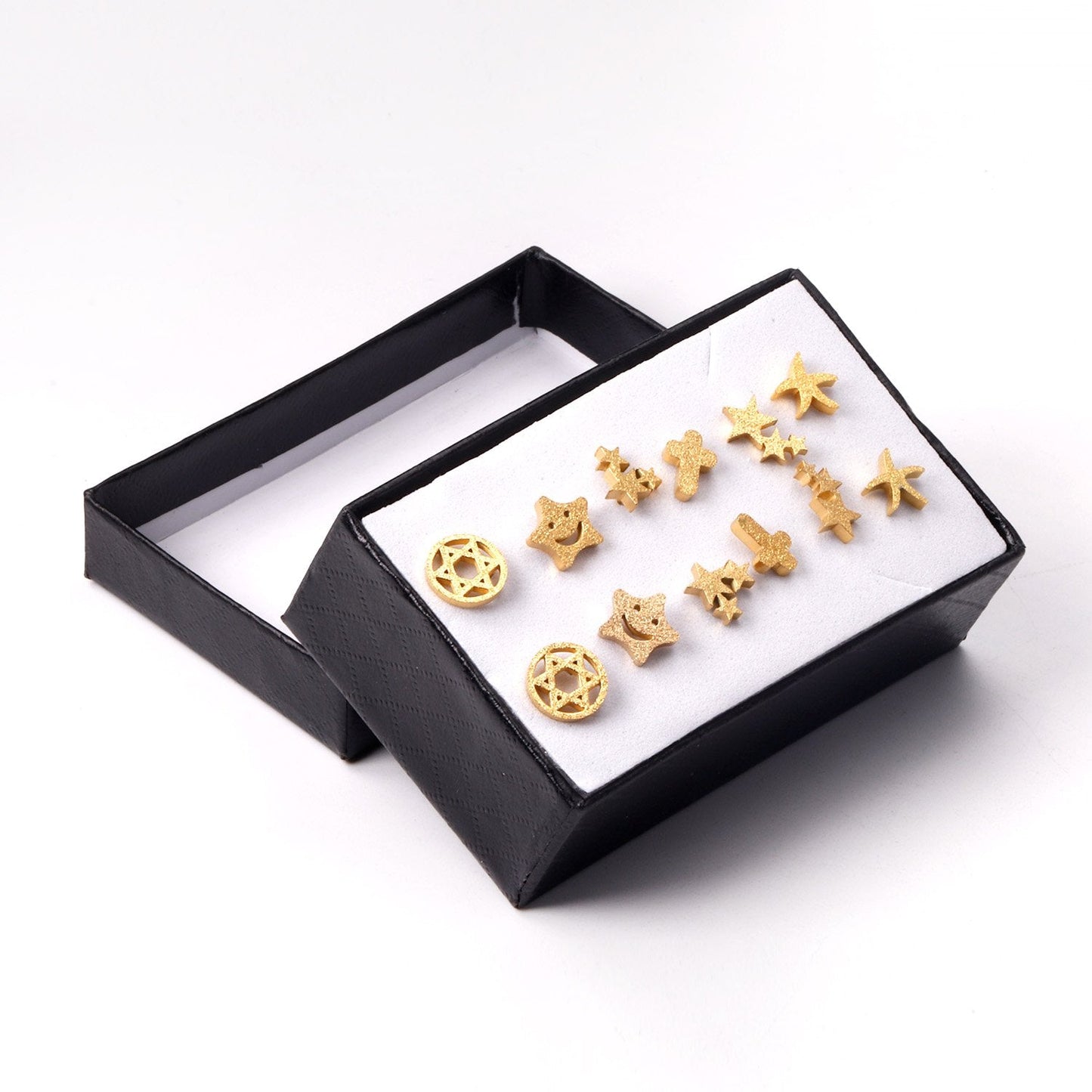 ASON 6pairs/Box Cute Baby Cross/Smile/Star/Round Piercing Stud Earrings Set Gold Color Accessories Stainless Steel Jewelry