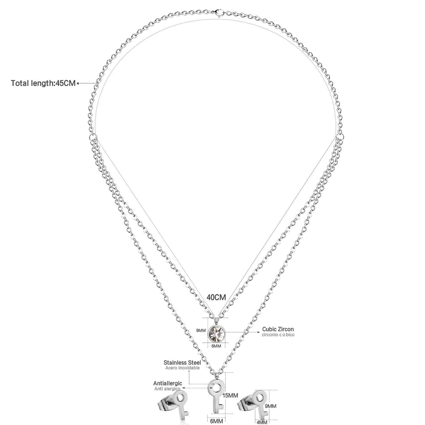 Key Pendant Stainless Steel Necklace Earring Crystal Wedding Bridal Gold Jewelry Set For Women Girls Jewellery Set