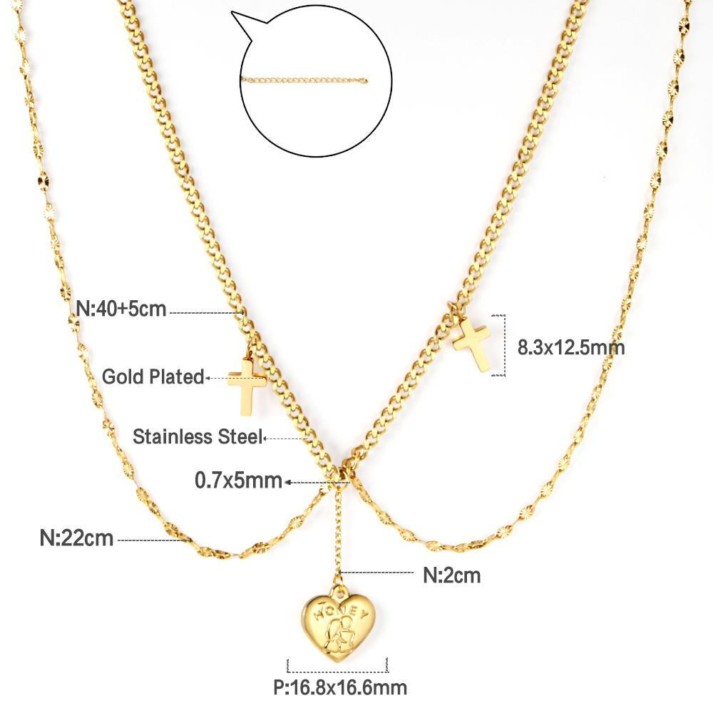 ASON Fashion Heart Cross Multi-layer Chain Pendant Necklace Gold Color Stainless Steel Choker for Women Jewelry Accessories