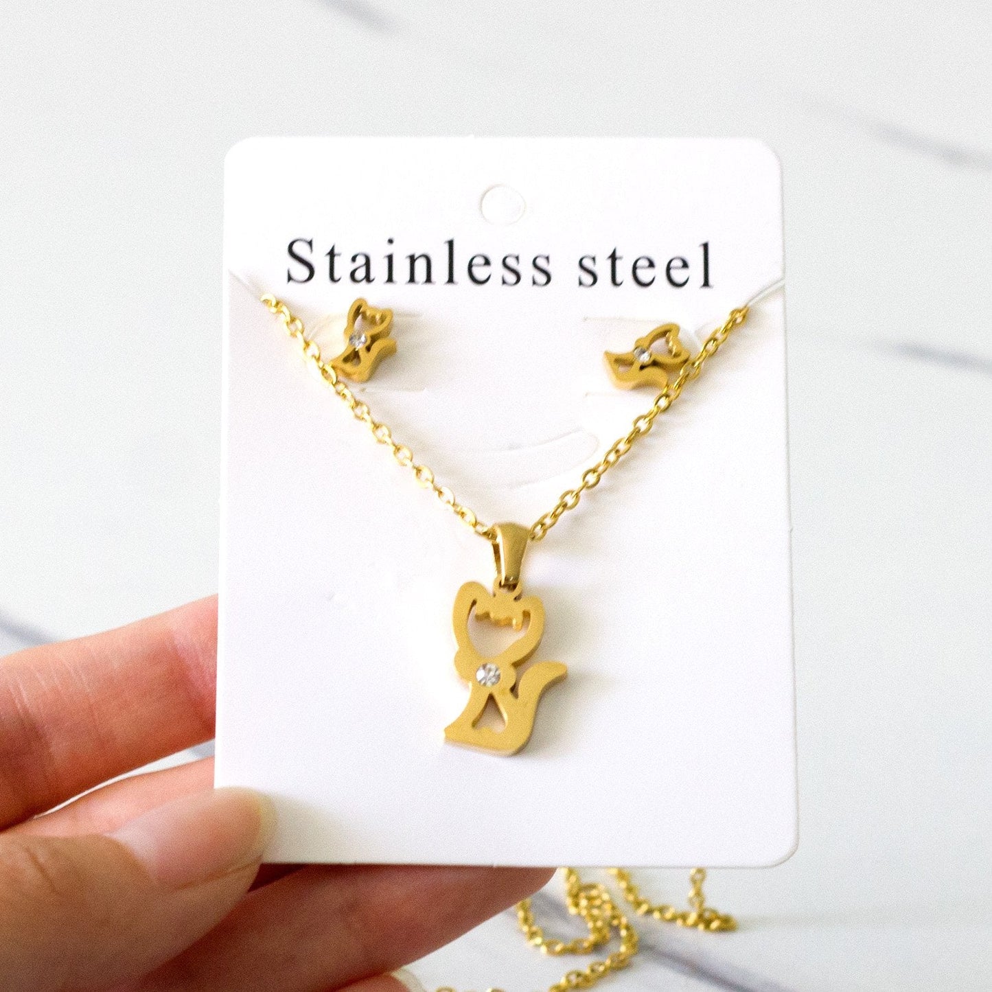 Stainless Steel Little Fox With Cubic Zirconia Necklace Earrings Set Woman Wedding Jewelry Sets Anniversary Present