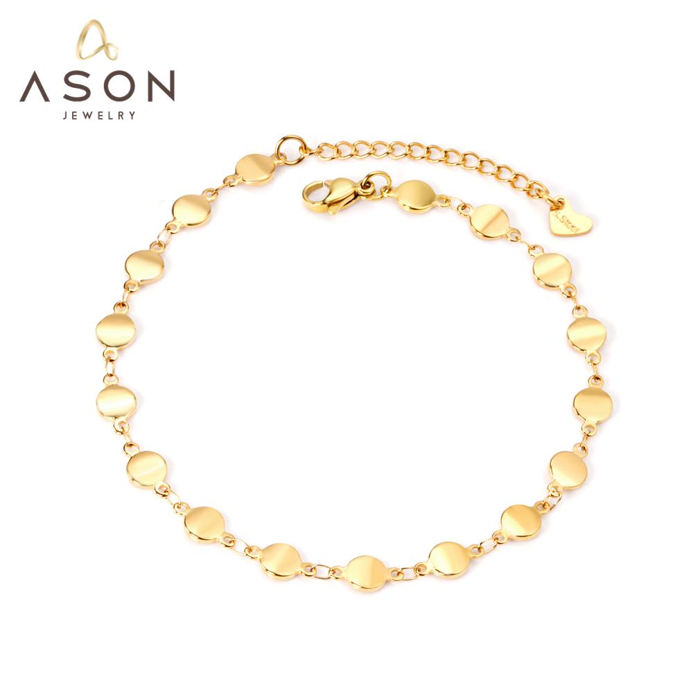 ASON Trendy Round Charm Anklet 316L Stainless Steel Foot Chain with Extender 24+5cm for Women Beach Jewelry Party Gift