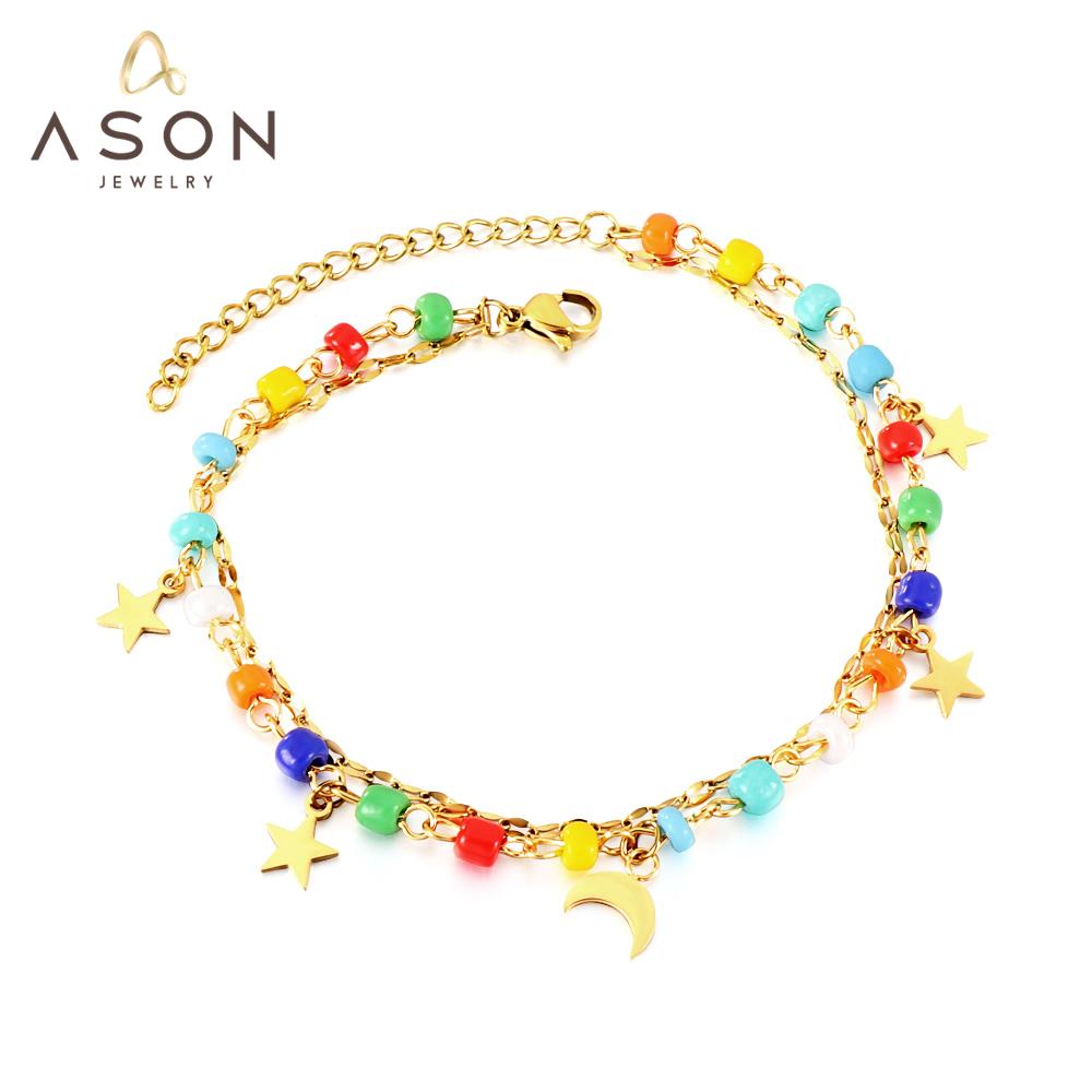 ASON Trendy Mixed Color Beads Moon And Star Accessories Multi-layer Chains Anklet Gold Color Stainless Steel For Women Gift