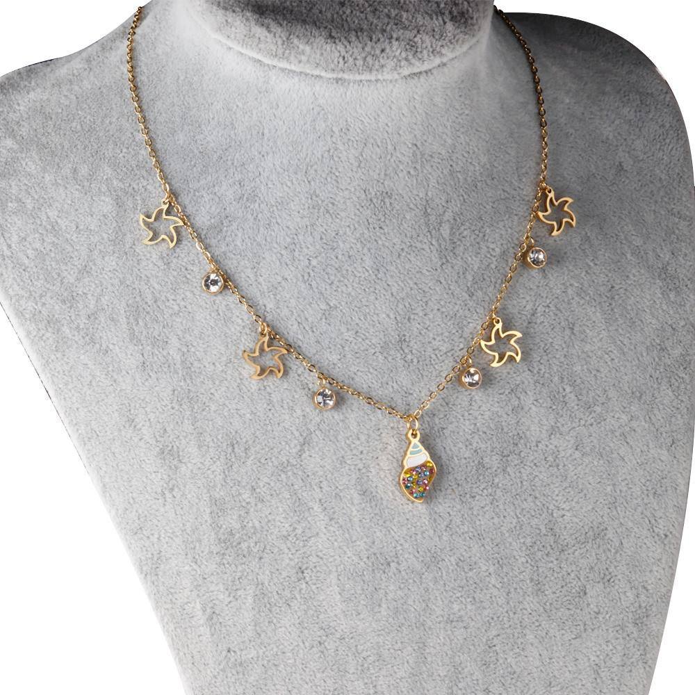 ASON Gold Color Conch and Star Pendant Chain with Cubic Zirconia Stainless Steel Necklace for Women Jewelry Accessories