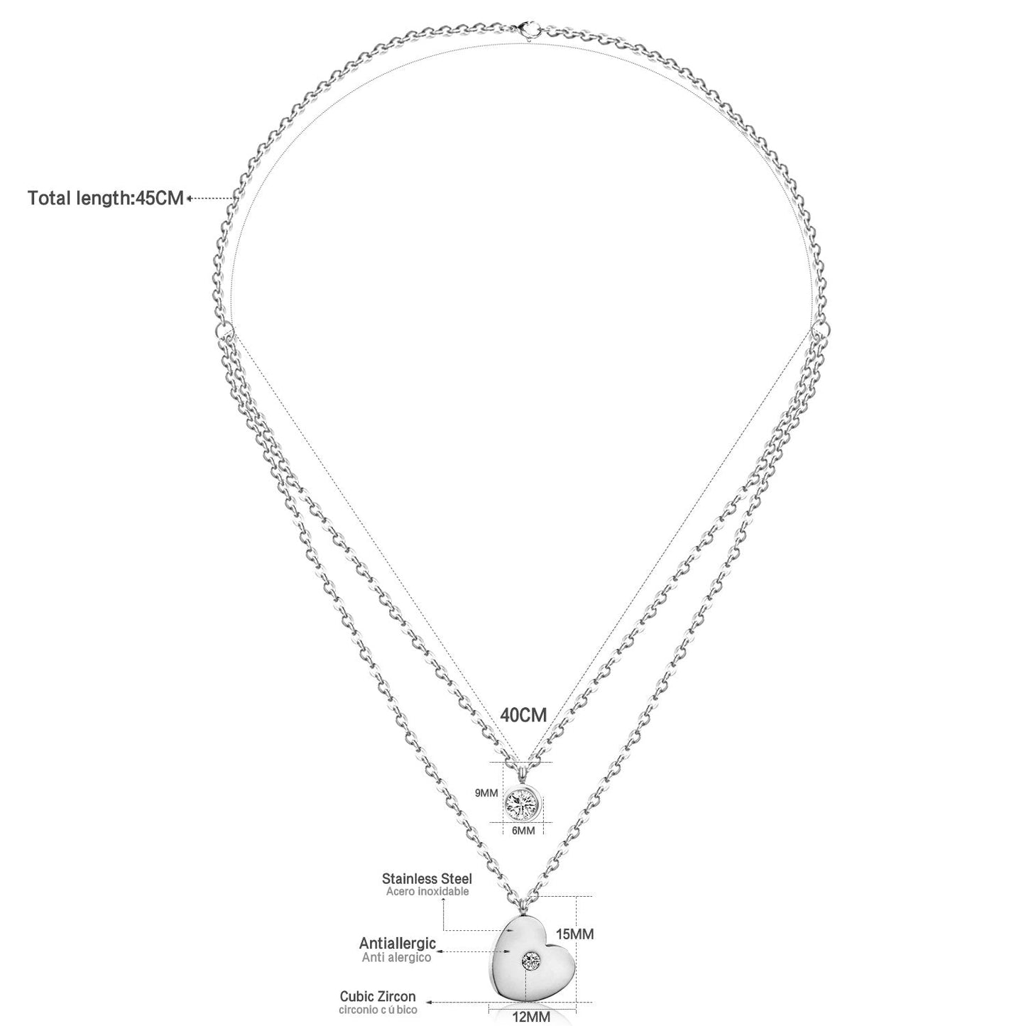 ASON Heart Shape Pendant Necklaces Gold Color Stainless Steel Multi-layer Chains Round Cubic Zirconia Choker For Women