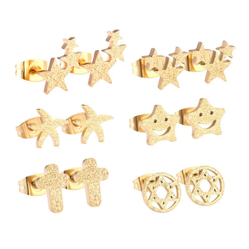 ASON 6pairs/Box Cute Baby Cross/Smile/Star/Round Piercing Stud Earrings Set Gold Color Accessories Stainless Steel Jewelry