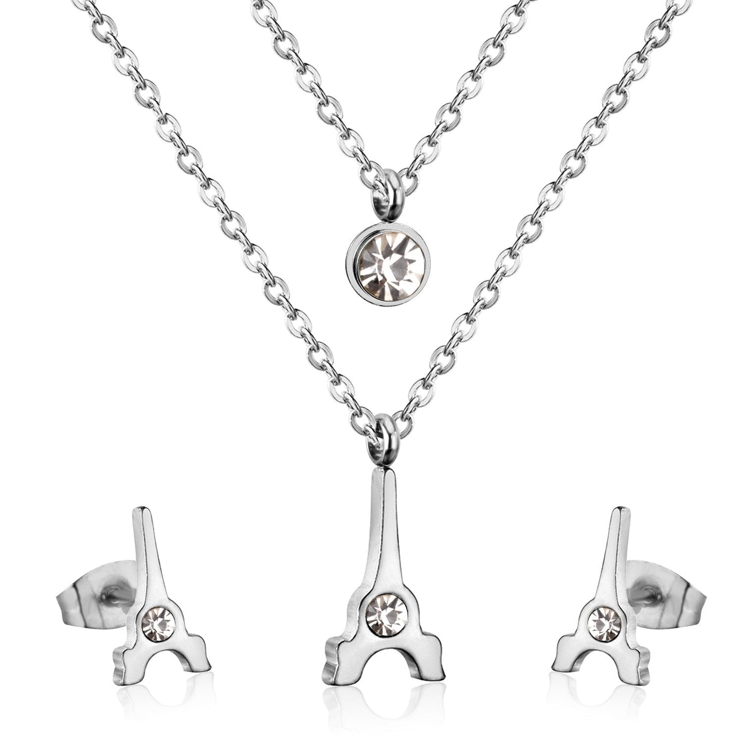 Brand New Stainless Steel Eiffel Tower Pendants Round Crystal Double Necklace Earrings For Women Dubai Jewelry Set