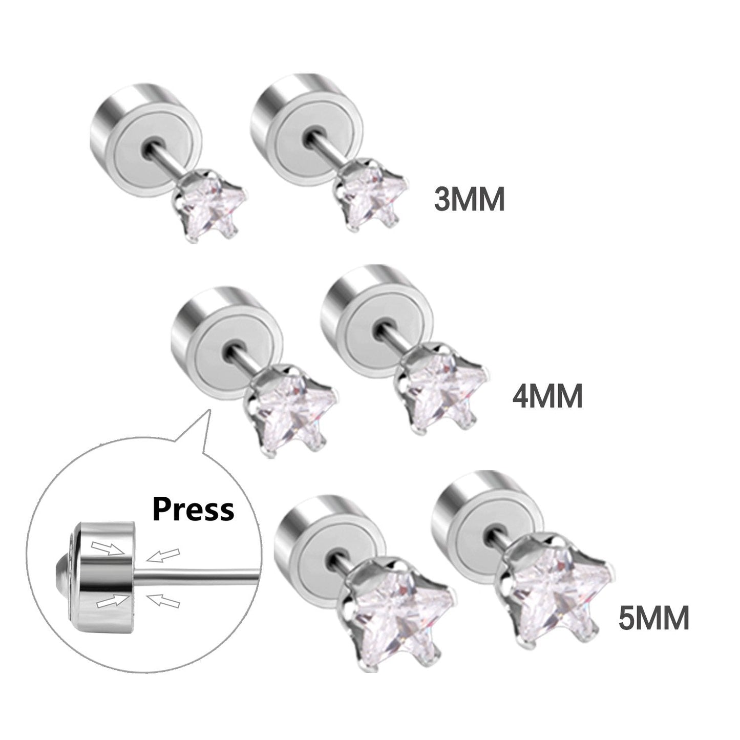 ASON Size 3mm to 5mm Silver Color Star Stud Earrings Stainless Steel Trendy Kid/Girl Earrings Bijoux Party Wholesale