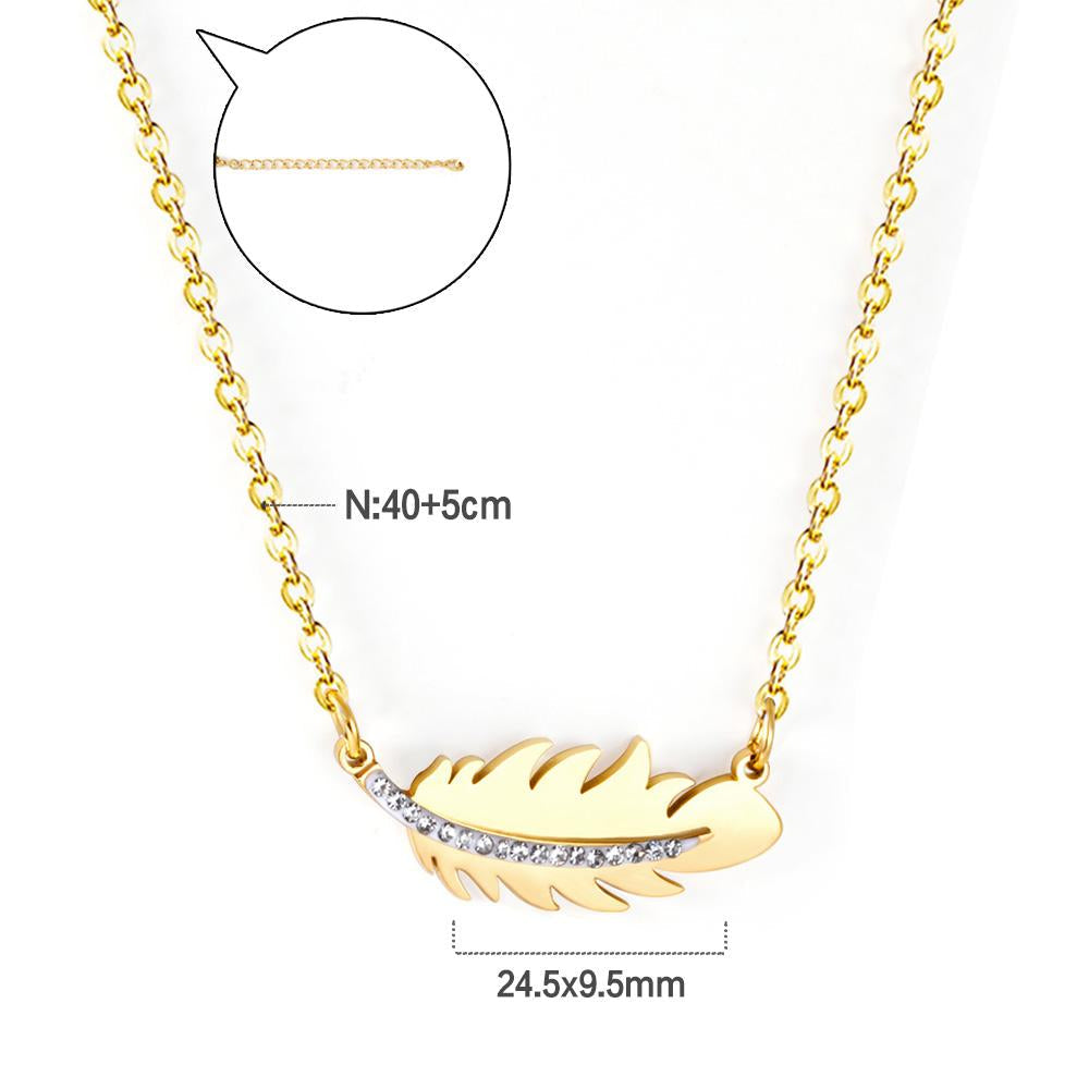 ASON Gold Color Feather Pendant Necklace with Rhinestone Stainless Steel Chain for Women Jewelry Gift Accessory Chokers