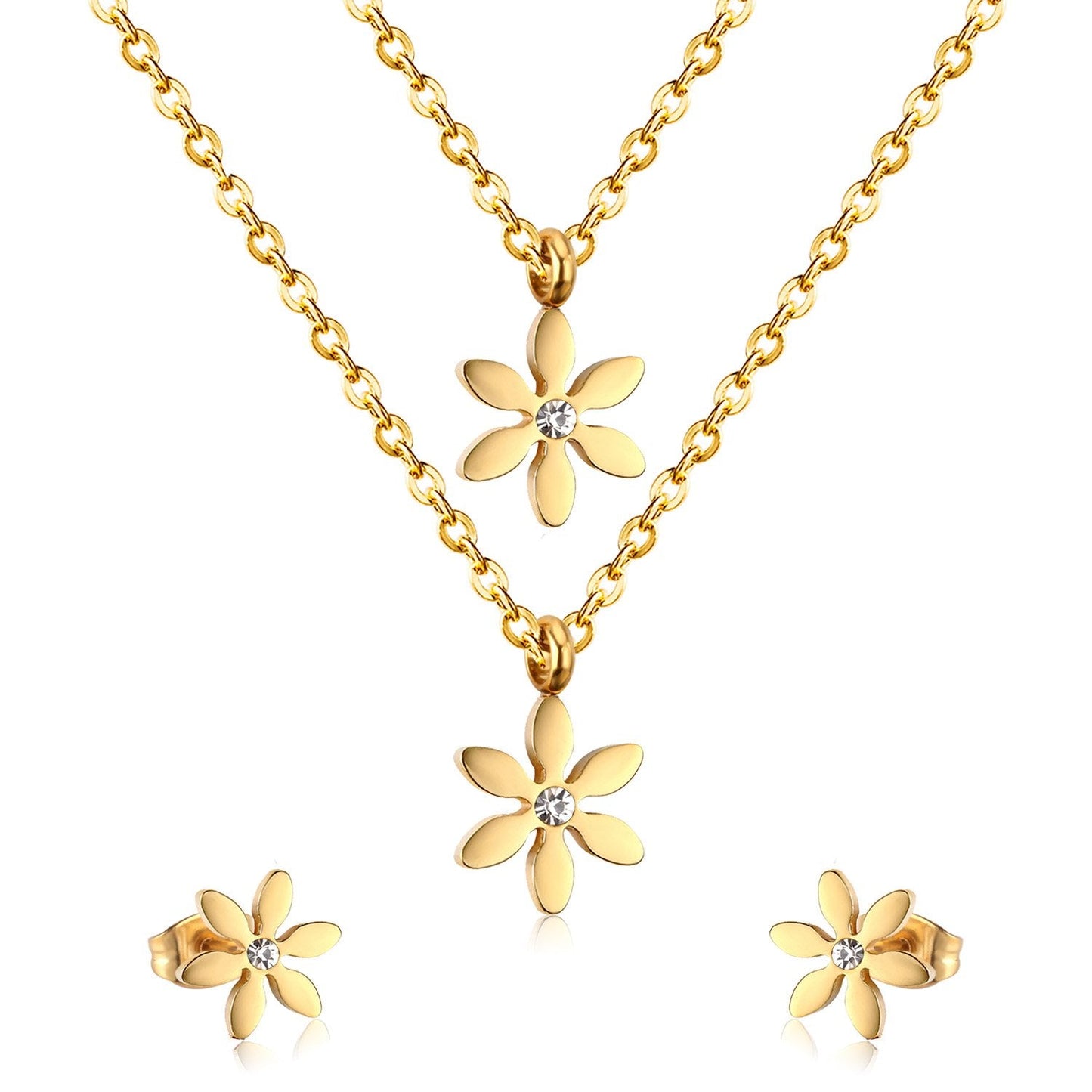 New Gold Flower Shape Stainless Steel Double Necklaces Earrings Sets For Female Trendy Jewellry Sets bijoux femme