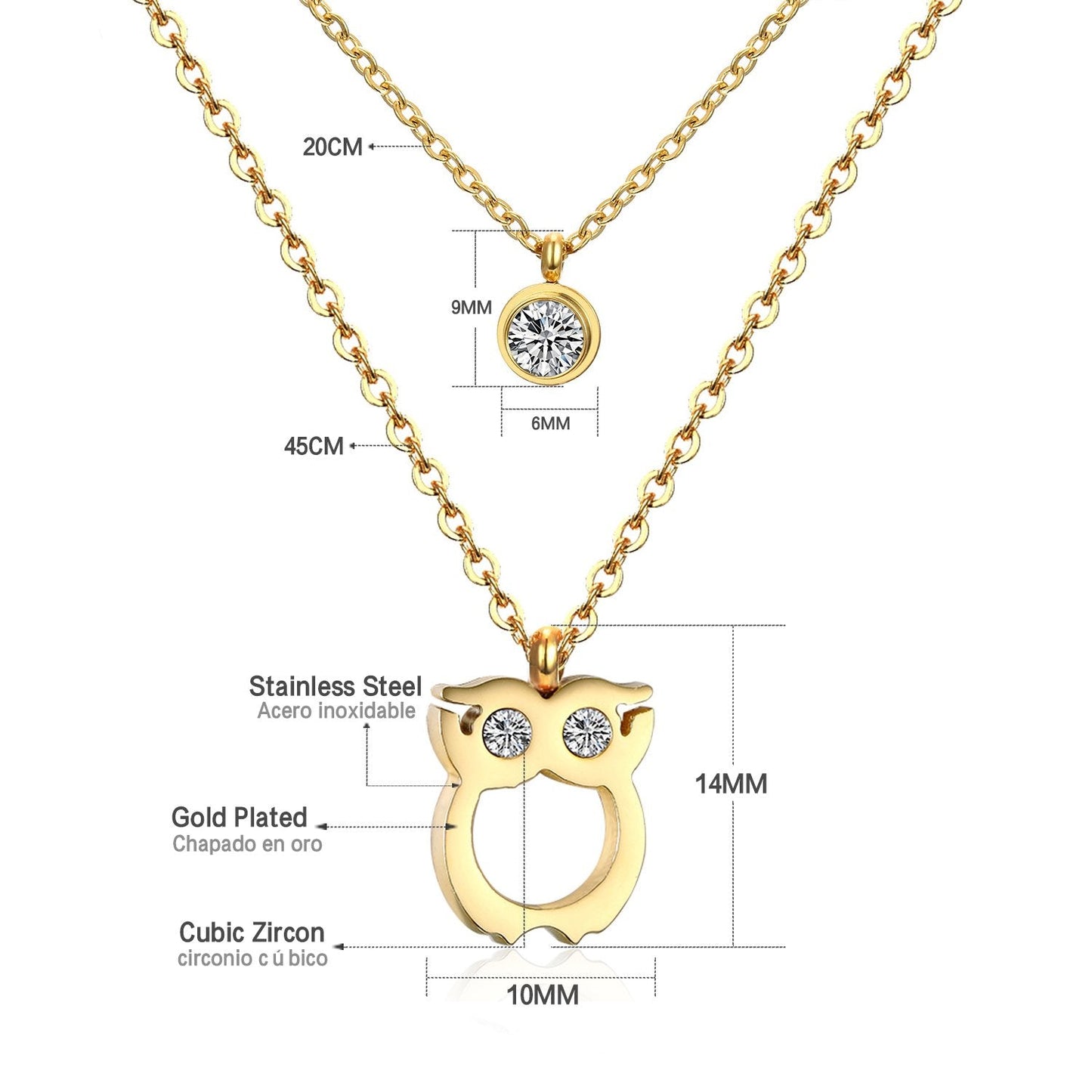 ASON Double Chains Necklaces 45cm Collars Jewelry Owl Pendant Necklaces Round Cubic Zirconia Accessories Bijoux Female