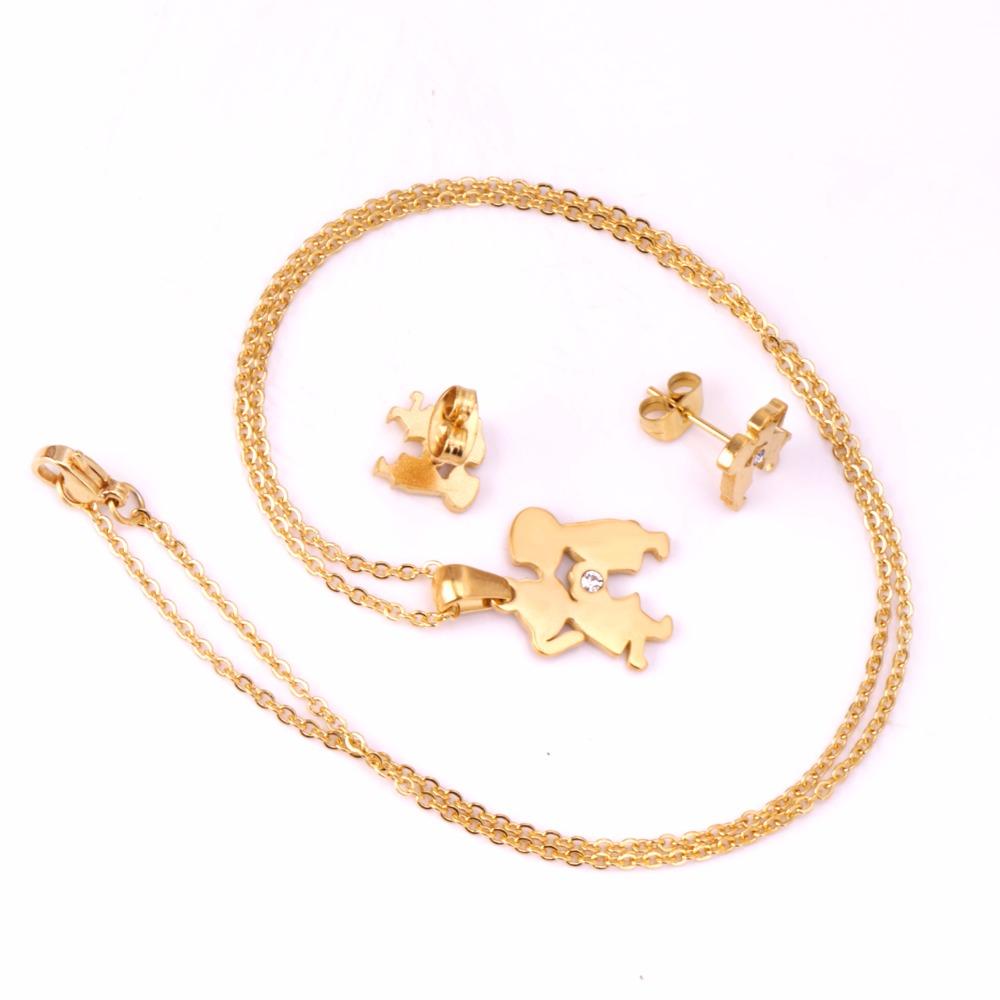 Stainless Steel Dubai Wedding Jewelry Sets KISS Crystal Cute Boy Girl Necklace Earrings Jewellery Sets Gold Color