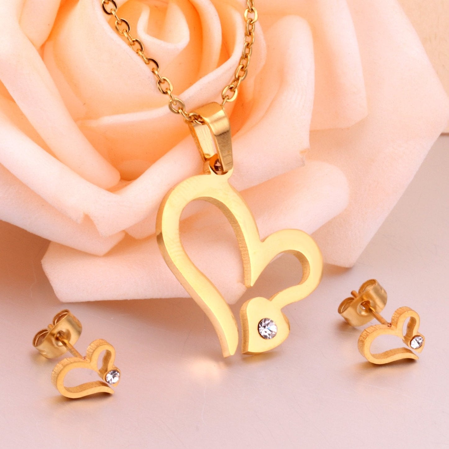 Bridal Dubai Necklace Earring Jewellery Sets Heart Crytal Gold Color Wedding Indian Jewelry sets For Women Girls