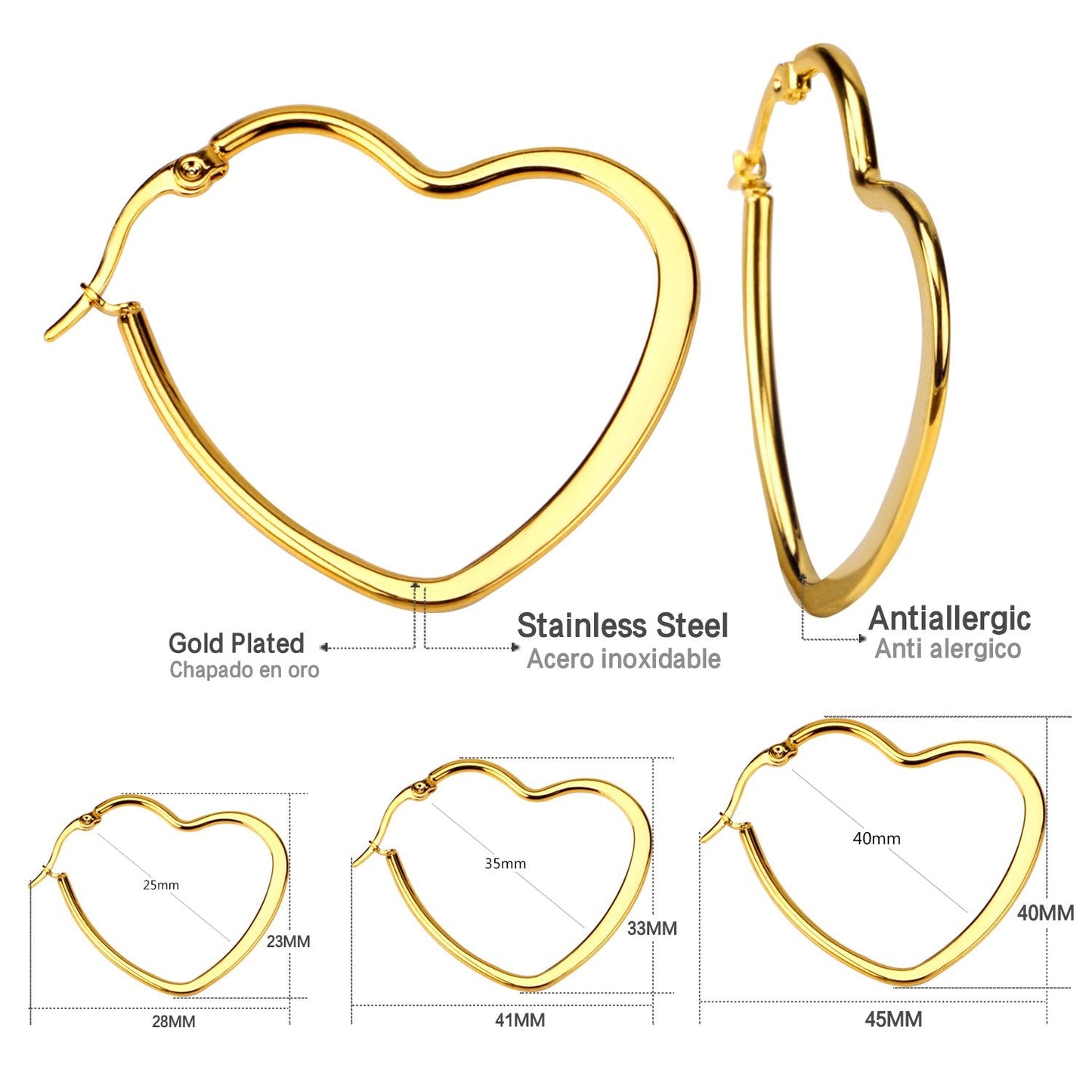ASON Heart Shape Hoops Earrings Gold Color Size 25mm/35mm/45mm Stainless Steel Big Dangler Female Accessories Piercing