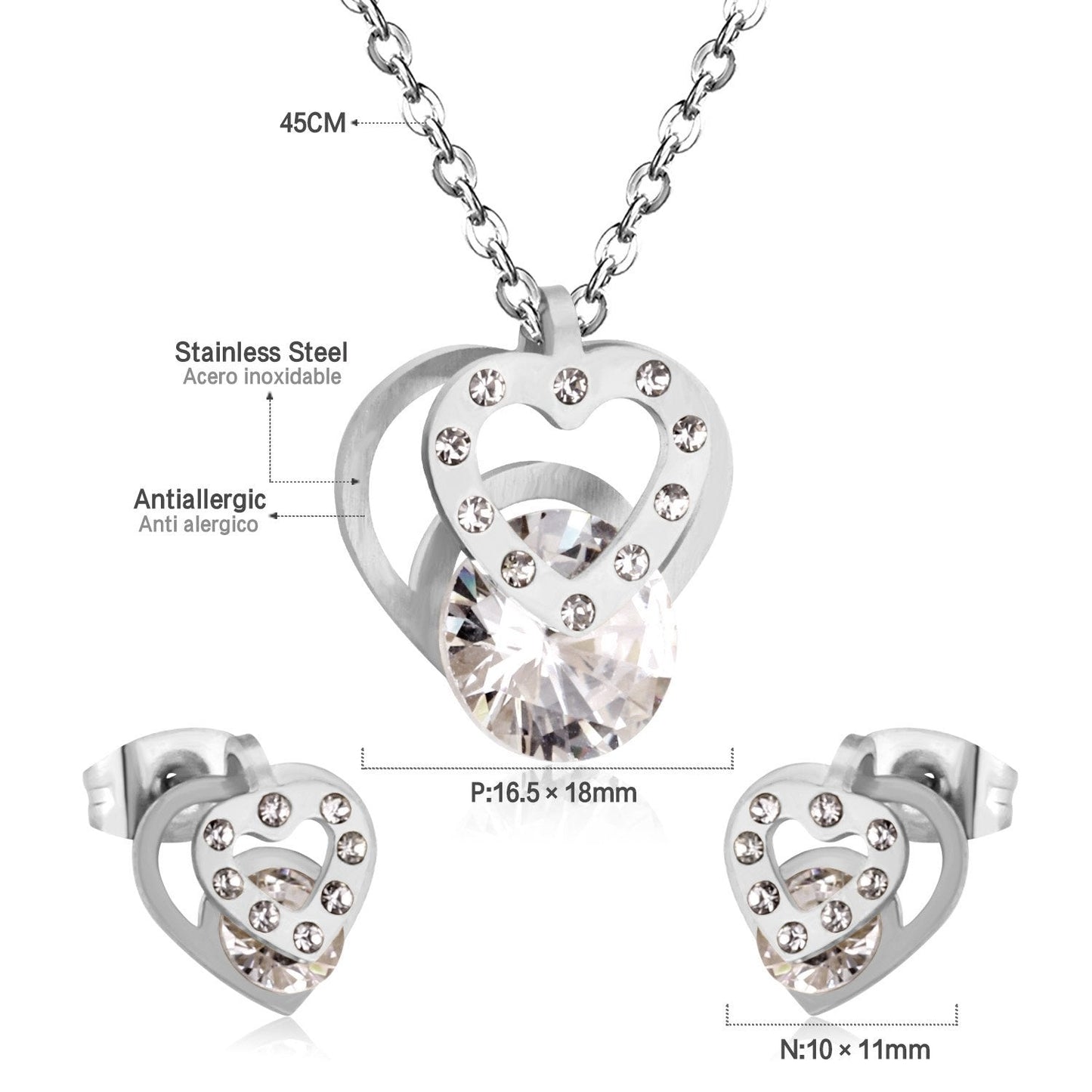 Hot Sale Stainless Steel Sets CZ Fashion Heart Jewelry sets Women Valentine's Day present