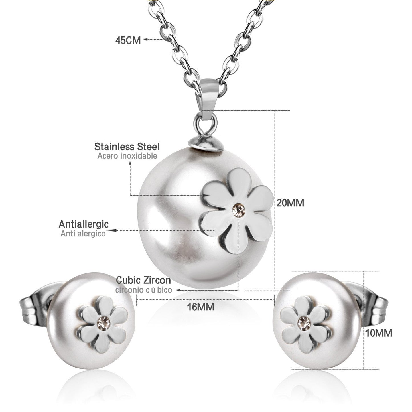 ASON Imitation Pearl Gold Bridal Wedding Jewelry Set for Women 316L Stainless Steel Necklace Pendant Small Stud Earring