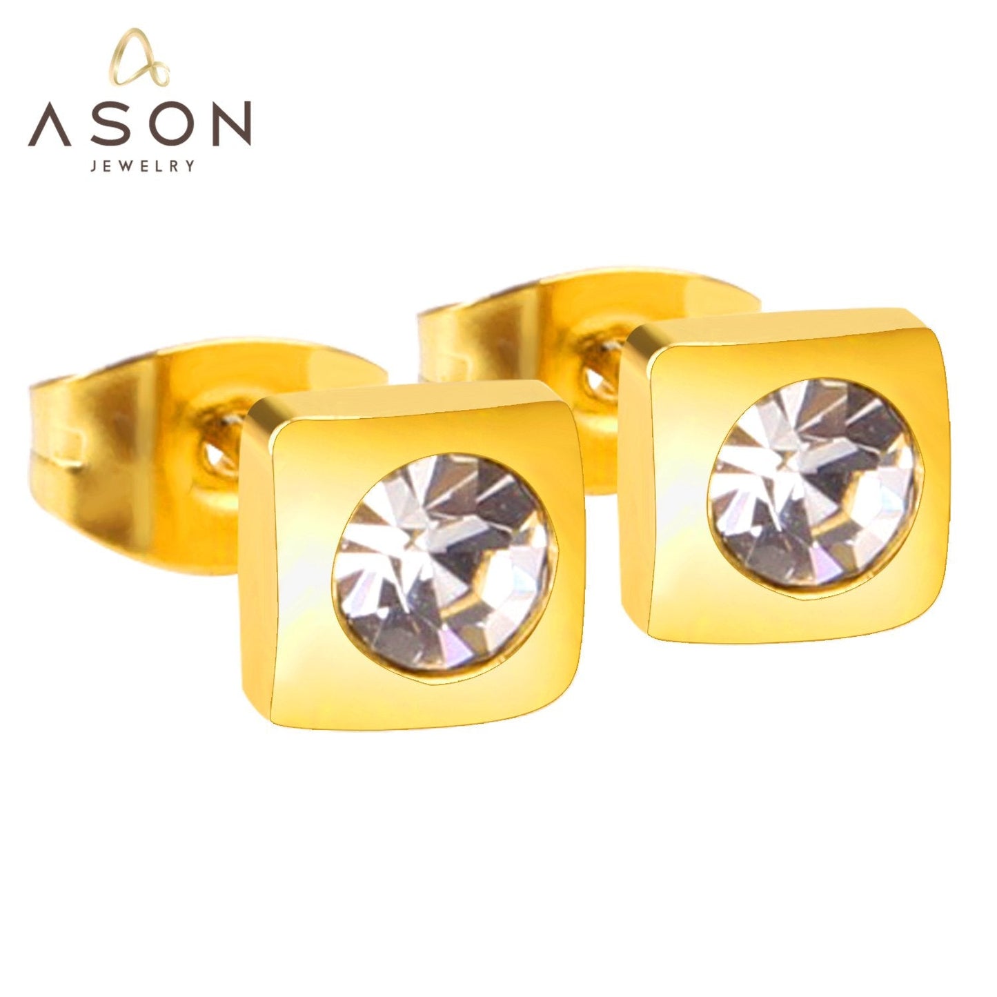 ASON Classic Style Square Round AAA Cubic Zirconia Gold Color Piercing Stud Earrings Set For Women 2022 Brinco Daily Wear