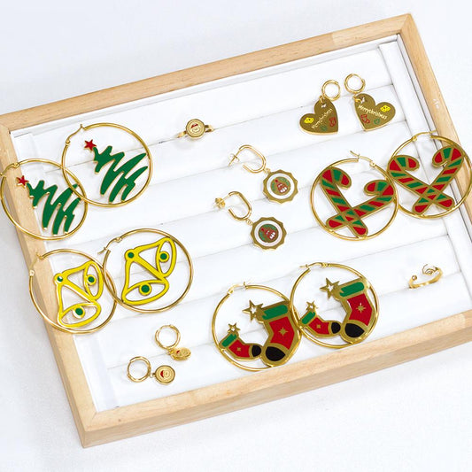 🔔 Wholesale Christmas Earrings Collection | Various Holiday Designs in One Set | Santa, Tree, Snowflake & More | Gold Plated Stainless Steel Studs