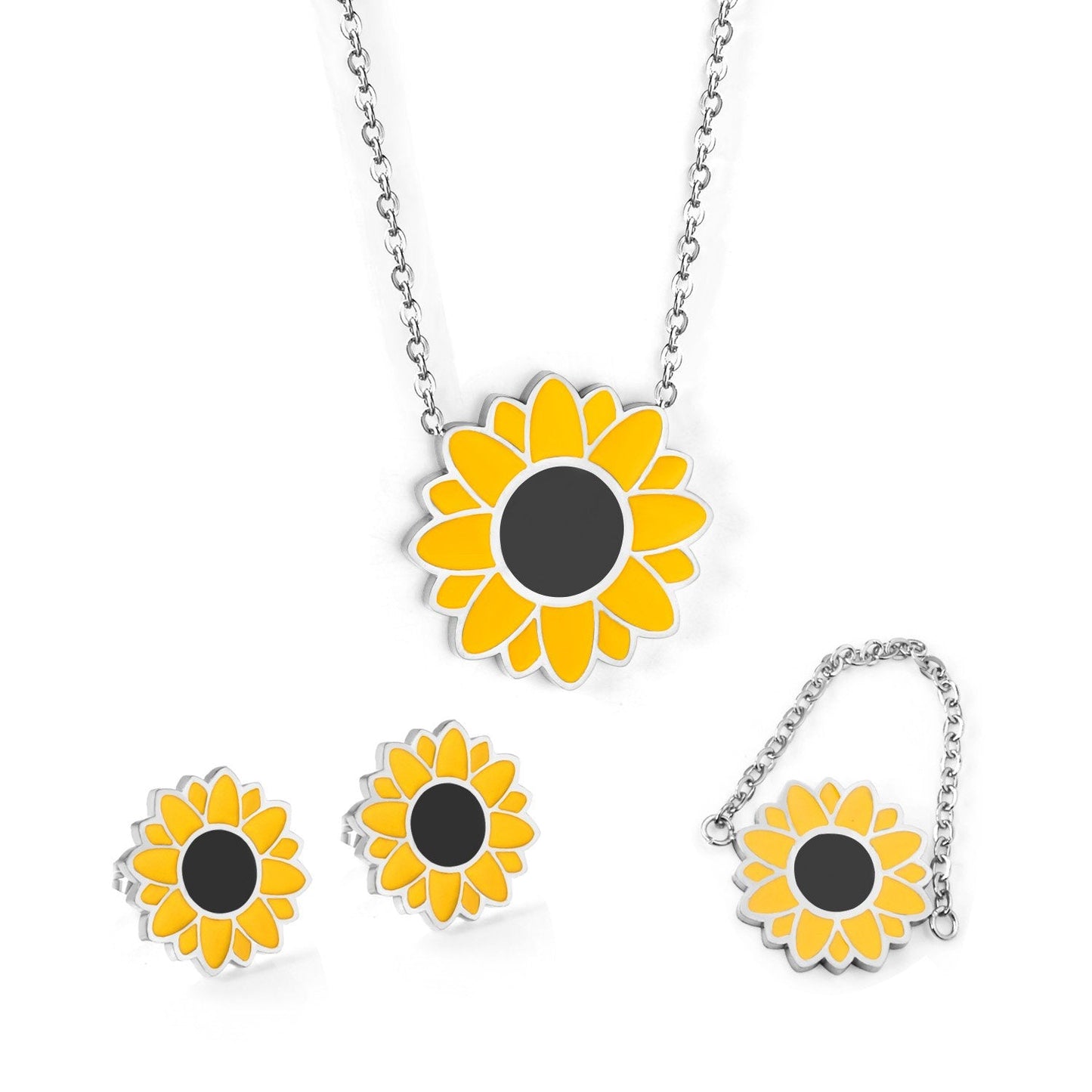 Stainless Steel Flower Pendant Necklace Earring Sets Fashion Women Rings Accessories Gold Color Chains Necklace