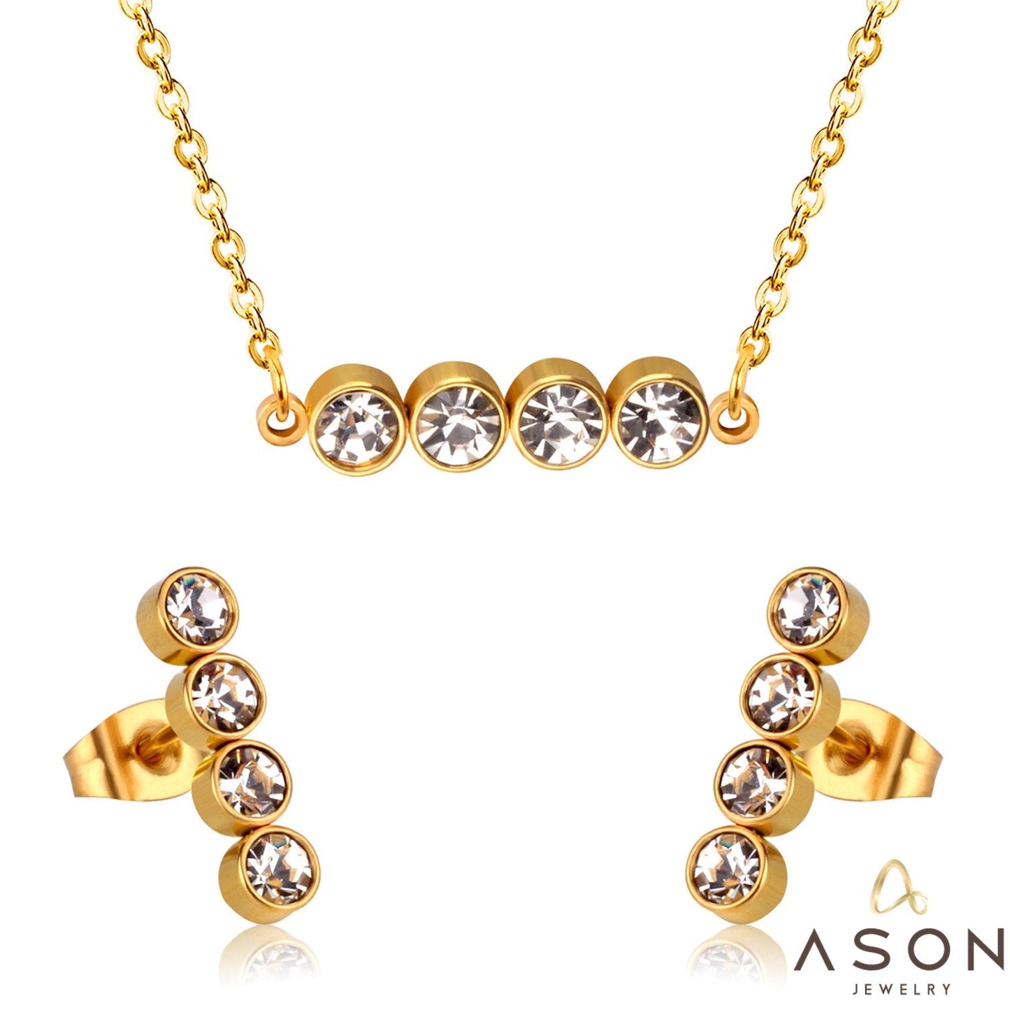 Asonjewelry Cubic Zirconia Gold Color Wedding Jewelry Set for Women 316L Stainless Steel Necklace Pendants Small Stud Earring
