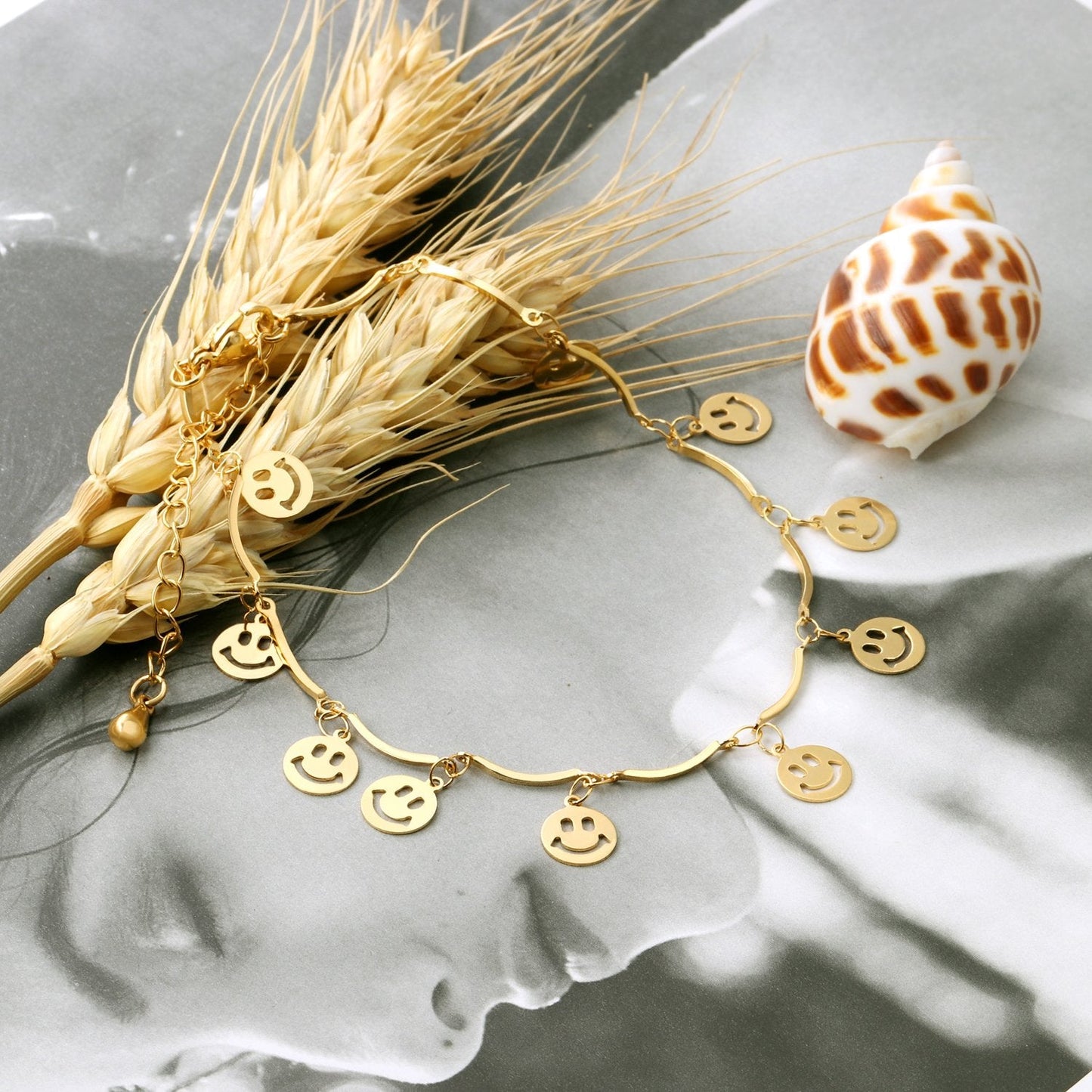 ASON Sweet Barefoot Smiley Face Anklet Chain Stainless Steel Gold Color for Women Gift Foot Chain Accessories Jewelry