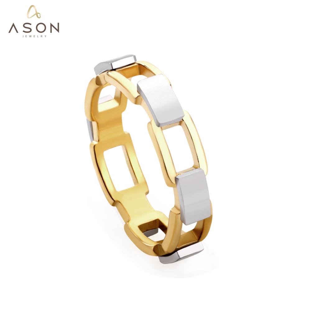 ASON Trendy Style Block Stitching Shape Rings Stainless Steel Gold Color For Women Casual Jewelry Accessories Wedding Gift