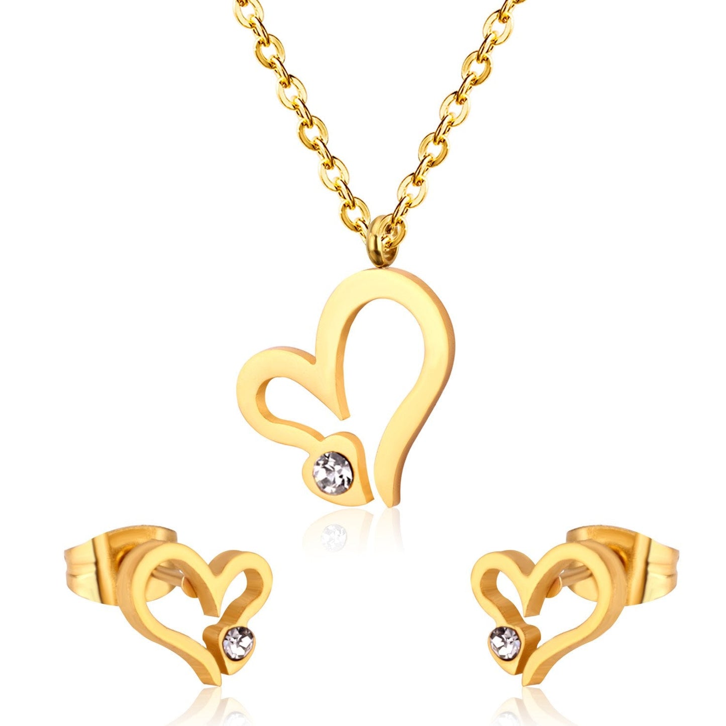 ASON Luxury Heart Pendants Necklaces Earrings Jewelry Set Gold Color Fashion Stainless Steel for Women Cubic Zirconia Cute