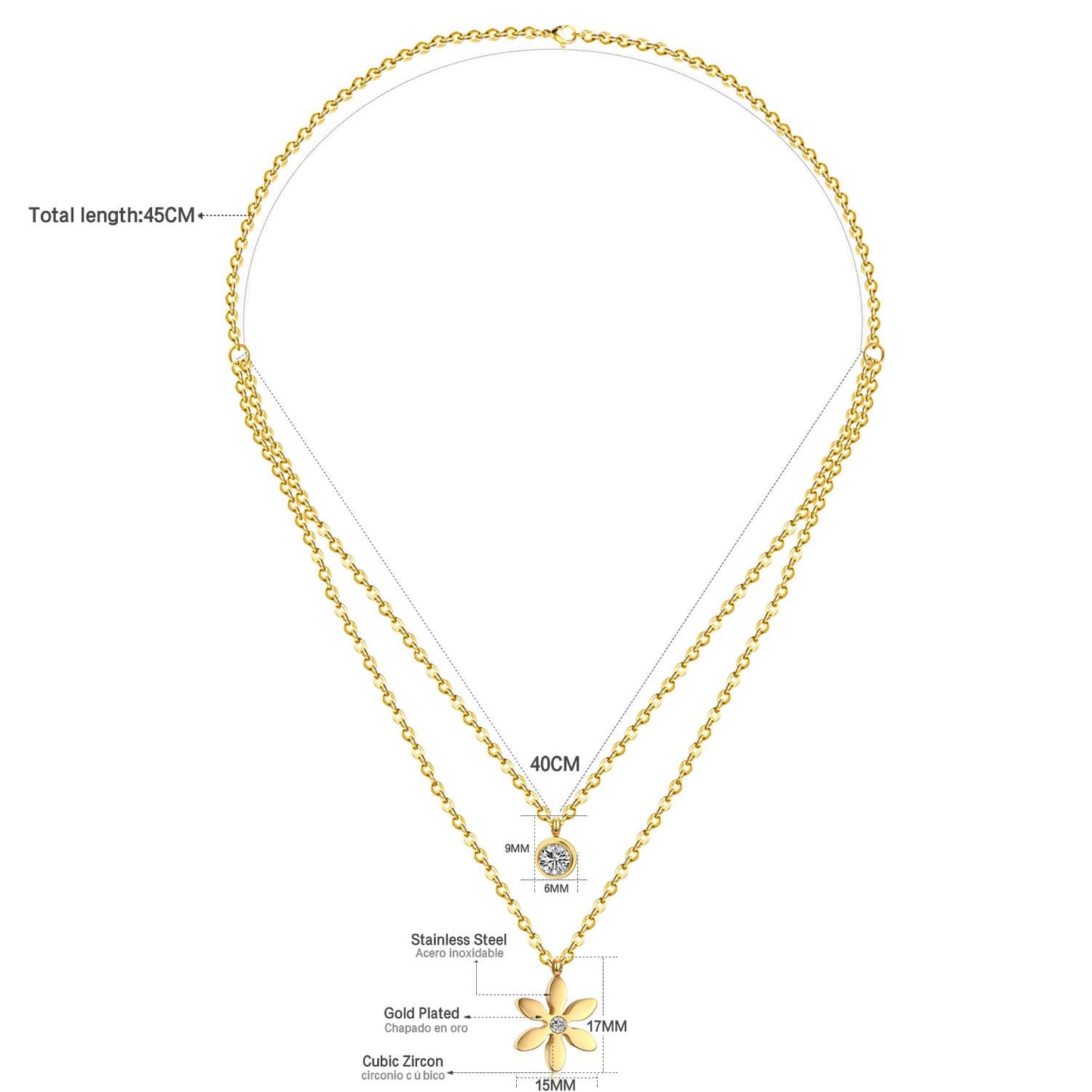 ASON Flower Round Cubic Zironia Choker Multi-layer Chains Pendant Necklace Stainless Steel Gold Color Fashion Jewelry Daily