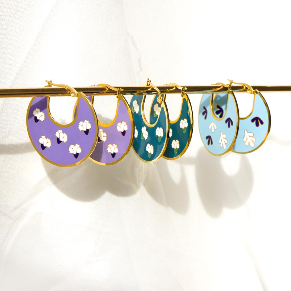 Unique Trendy Woman's Hoops Earrings Blue Acrylic Green Purple Earrings Hyperbole Jewelry Floral Circles Earrings