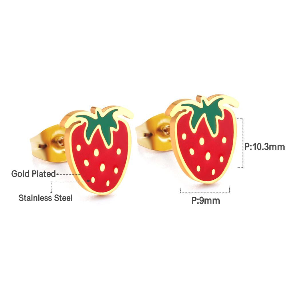 Enamel Girls Kids Small Earrings Stainless Steel Gold Color Push Back Strawberry Stud Earring Fashion Jewelry Party Baby Accessorie