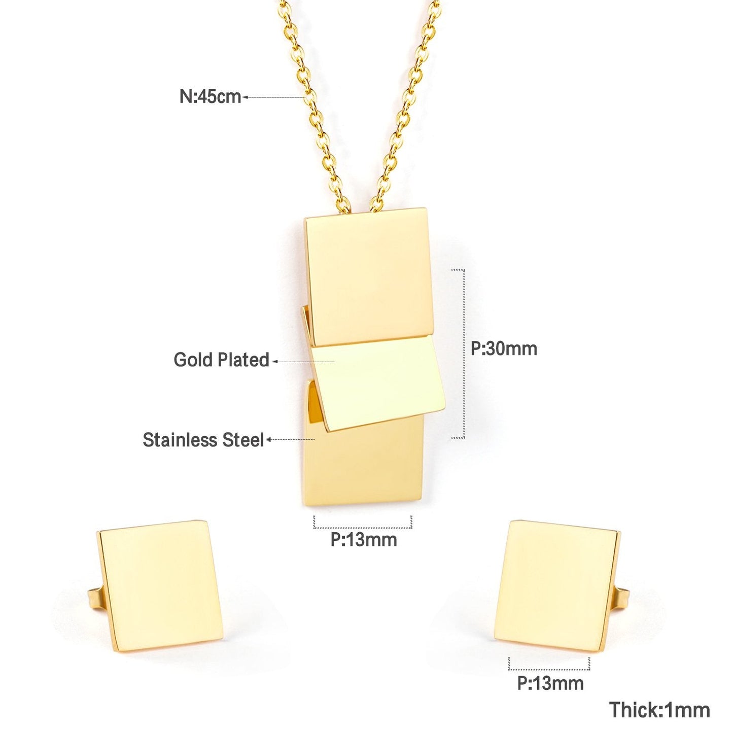 Rectangle Shape Trendy Necklaces Earrings Stainless Steel Jewelry Set Gold/Silver Color For Woman Valentine Gifts