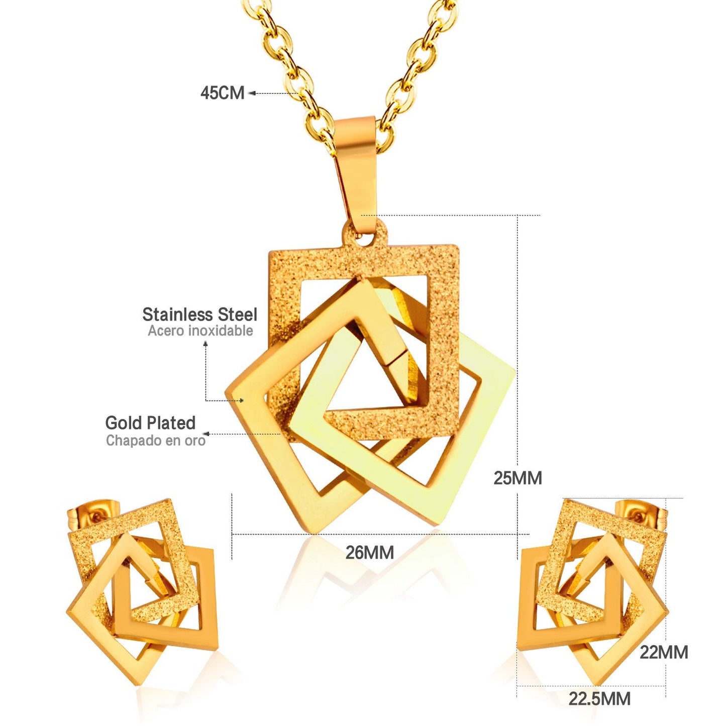 Square Shape Stainless Steel Gold/Silver Color Necklaces Earrings Sets For Women Party Jewelry Set pendientes mujer