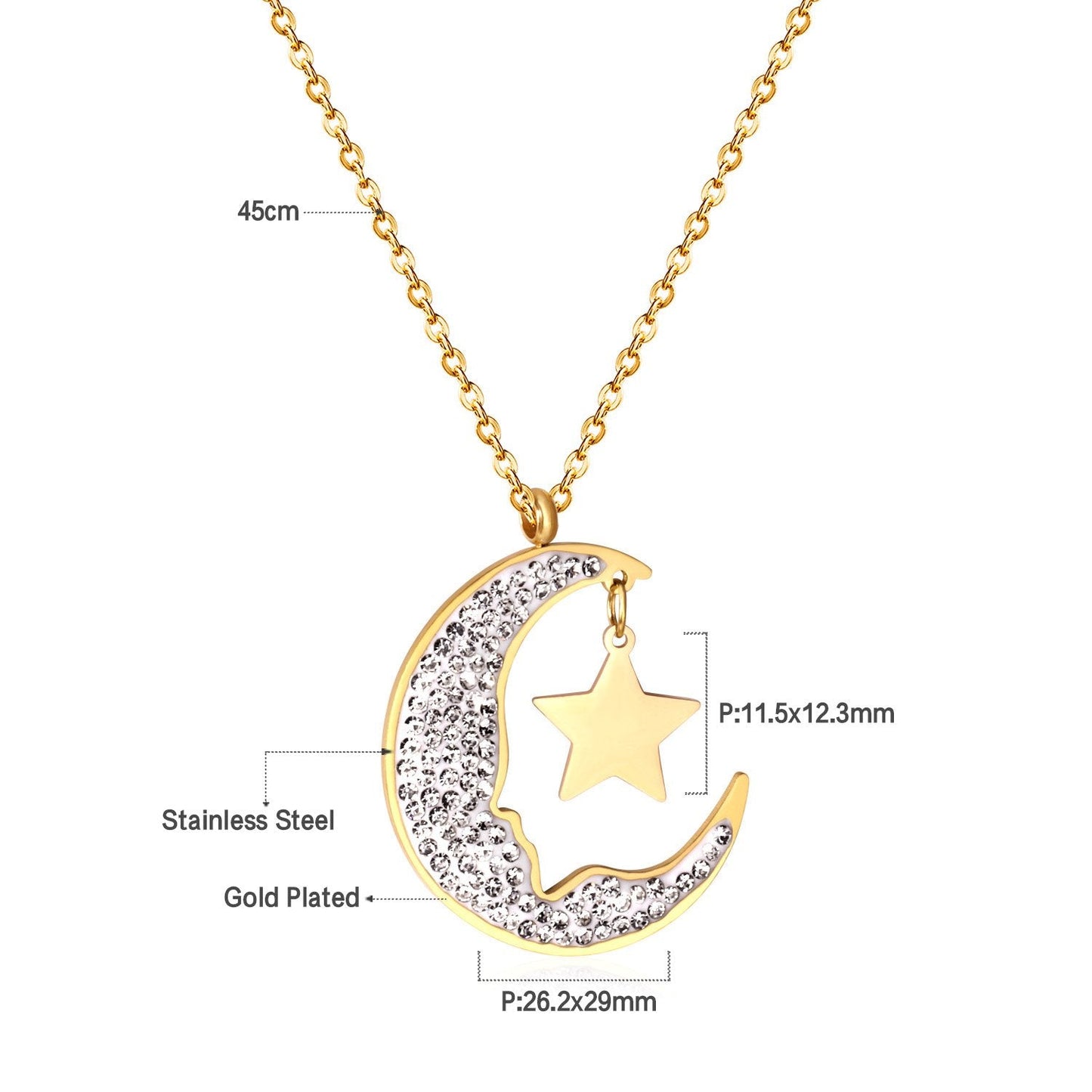 ASON Moon and Star Cubic Zirconia Pendant Necklace Gold Color Stainless Steel Chain for Women Girl Gift Jewelry Accessories