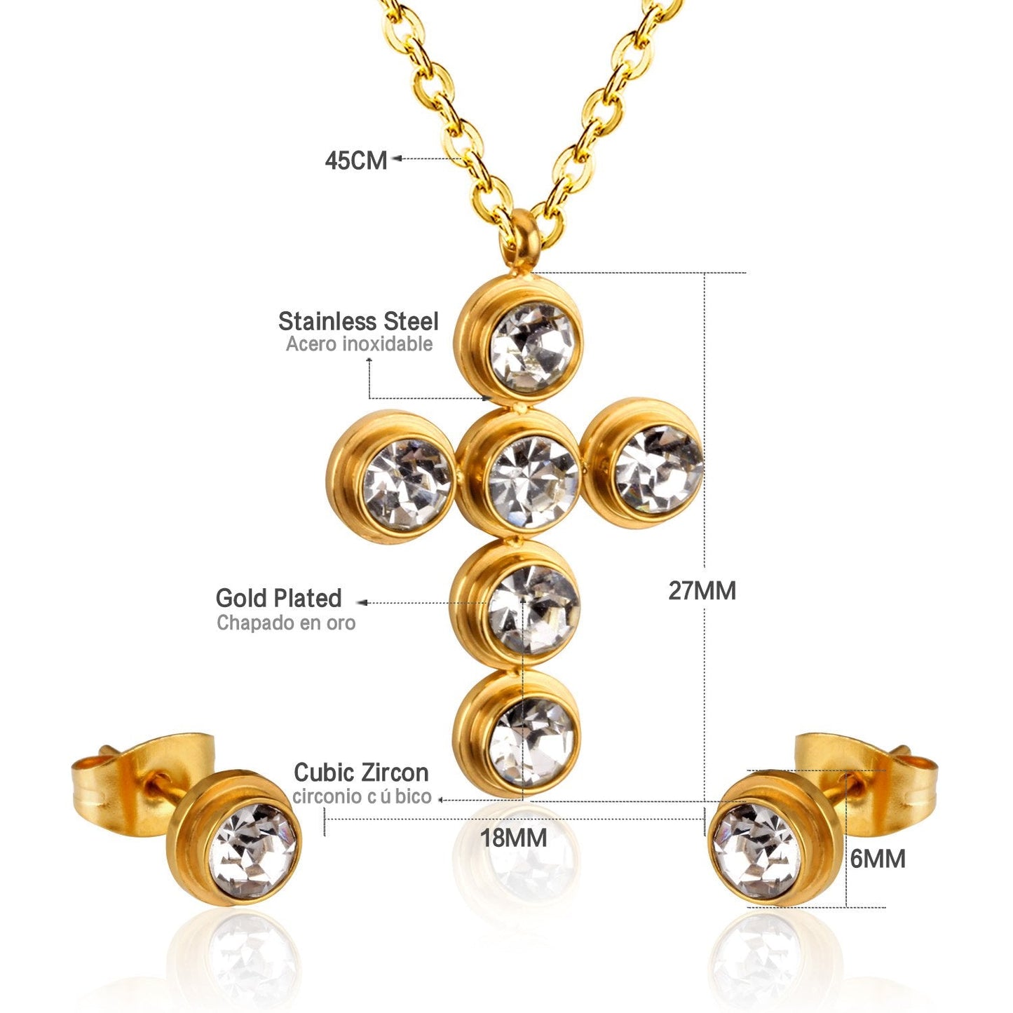 Jewelry Set Women Cross AAA Crystal Pendant Chain Necklace Stainless Steel Dubai African Jewelry Sets Christmas