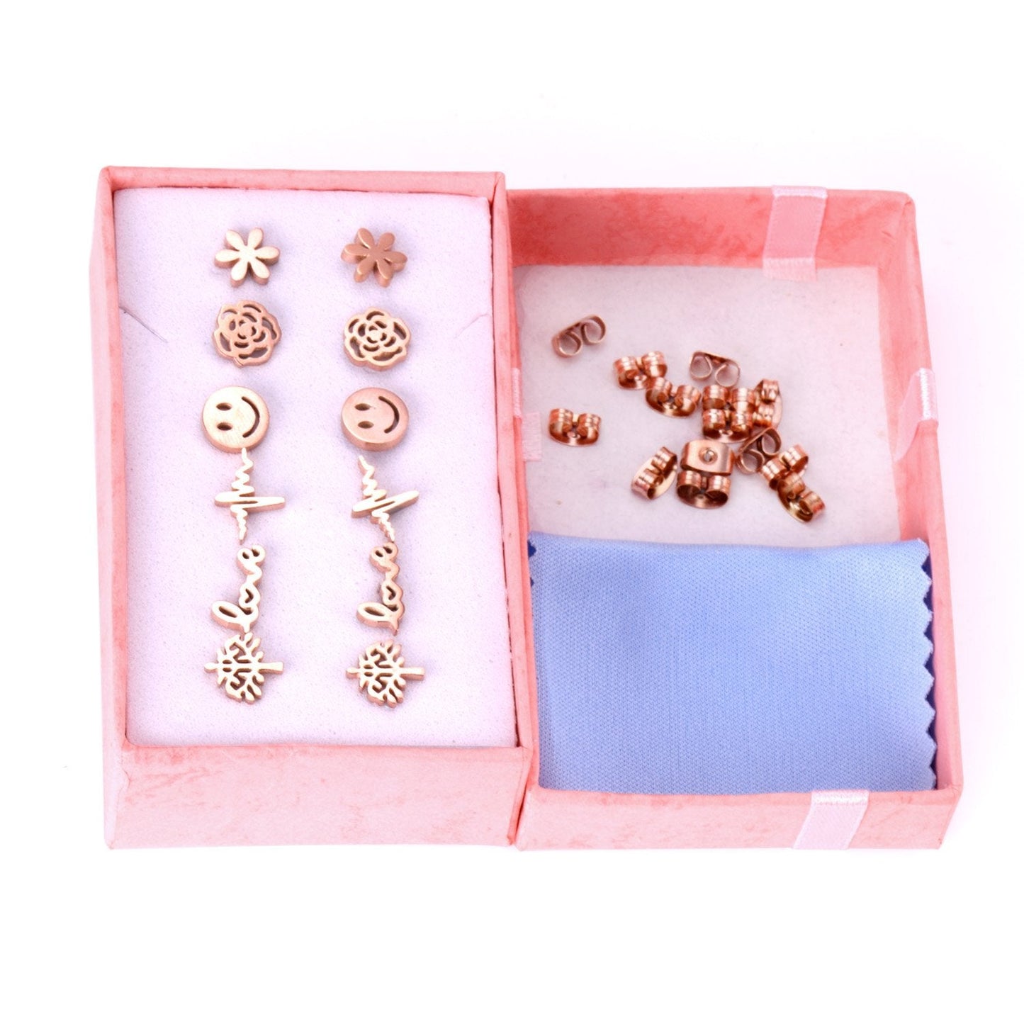 ASON Small Earrings Trendy Jewelry Rose Gold Color Flower Tree Smile Letter 6pairs/Box Stainless Steel Earrings Sets Party