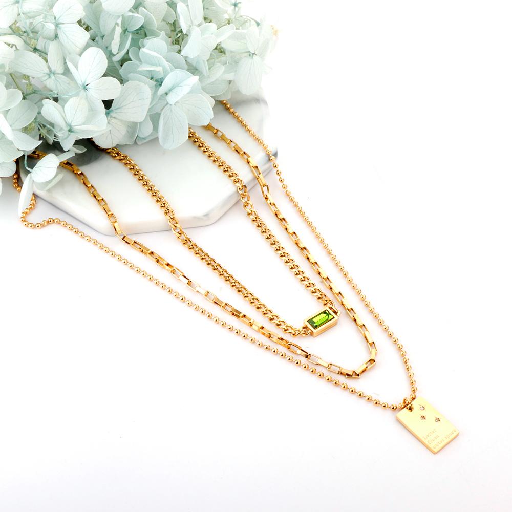 Green Square Shiny Zirconia Necklace Triple Multi-layer Square Pendant Necklace For Woman Mix Chains Thick Collier