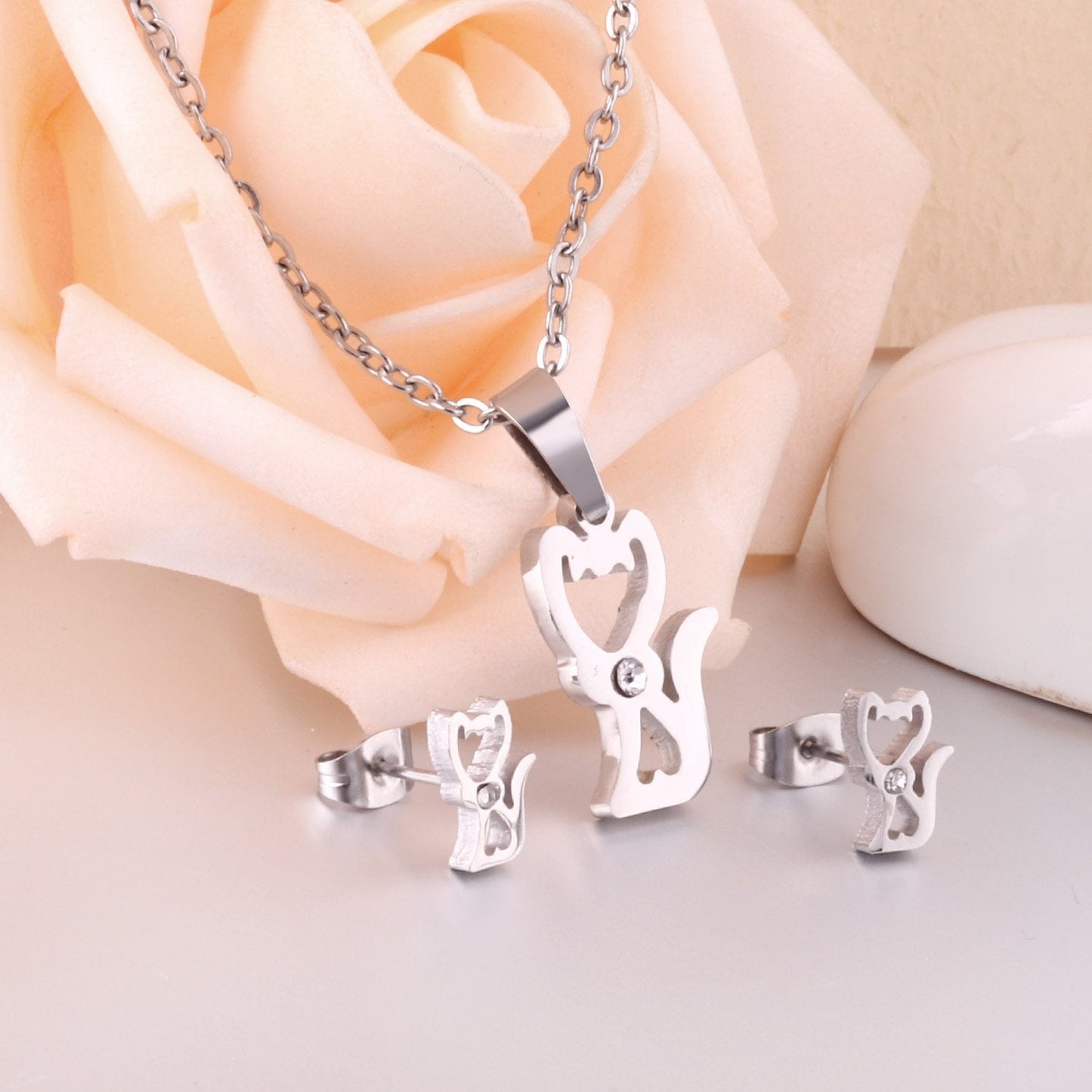 Stainless Steel Little Fox With Cubic Zirconia Necklace Earrings Set Woman Wedding Jewelry Sets Anniversary Present