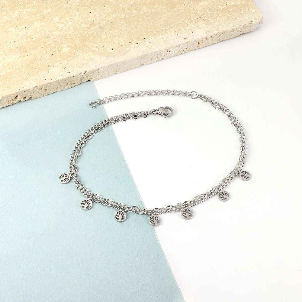 ASON Trendy Round Hollow Out Tree Accessories Multi-layer Chain Anklet Gold Color Stainless Steel For Women Fashion Jewelry