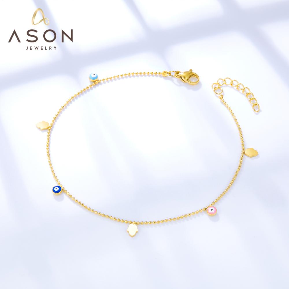 ASON Hands Palm Mixed Color Turkey Evil Eye Round Ball Beaded Chain Anklet Stainless Steel For Women Mini Jewelry Bracelets