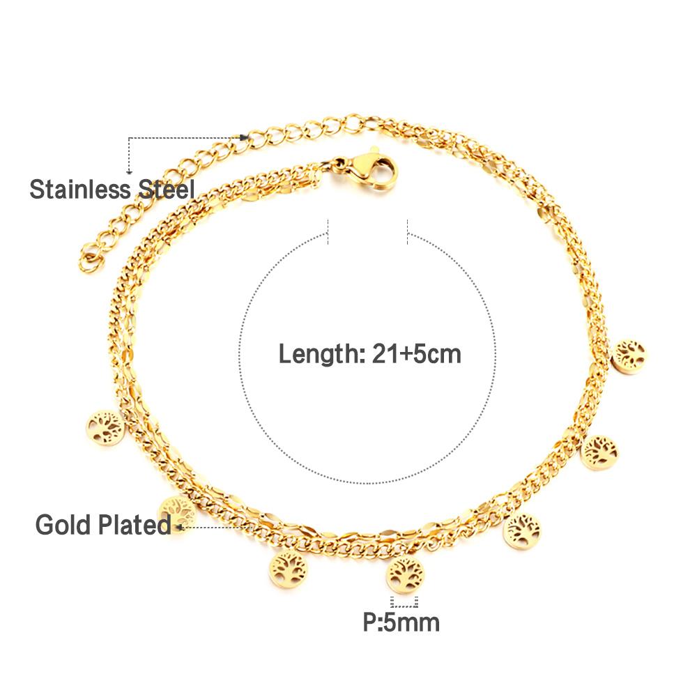 ASON Trendy Round Hollow Out Tree Accessories Multi-layer Chain Anklet Gold Color Stainless Steel For Women Fashion Jewelry