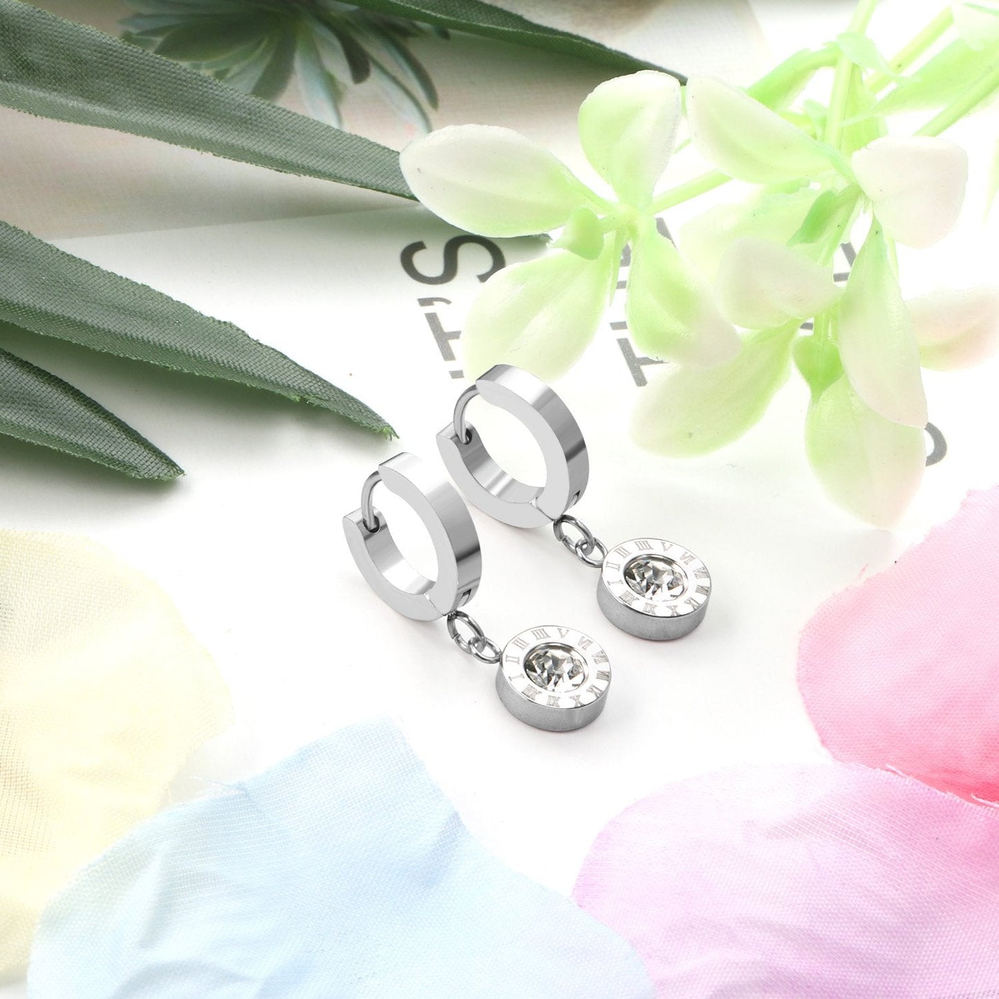 ASON Lovely Roman Numerals Pendant Earrings with Cubic Zirconia for Women Girls Dangle Earring Accessories Jewelry Gift