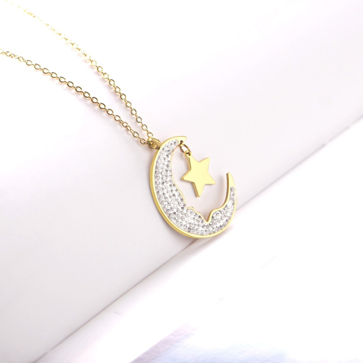 ASON Moon and Star Cubic Zirconia Pendant Necklace Gold Color Stainless Steel Chain for Women Girl Gift Jewelry Accessories