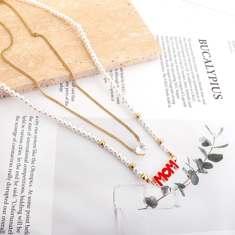 ASON White Pearl Letter Mom Heart Shape Cubic Zirconia Multi-layer Chains Necklace Gold Color Stainless Steel For Women