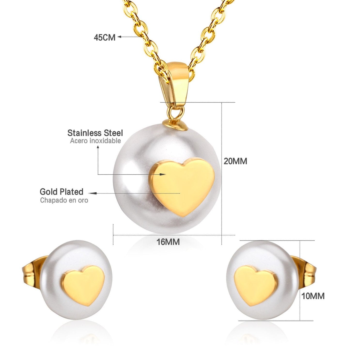 ASON Imitation Pearl Bridal Wedding Jewelry Set for Women Stainless Steel Pendant Necklace Small Stud Earring Gold Color