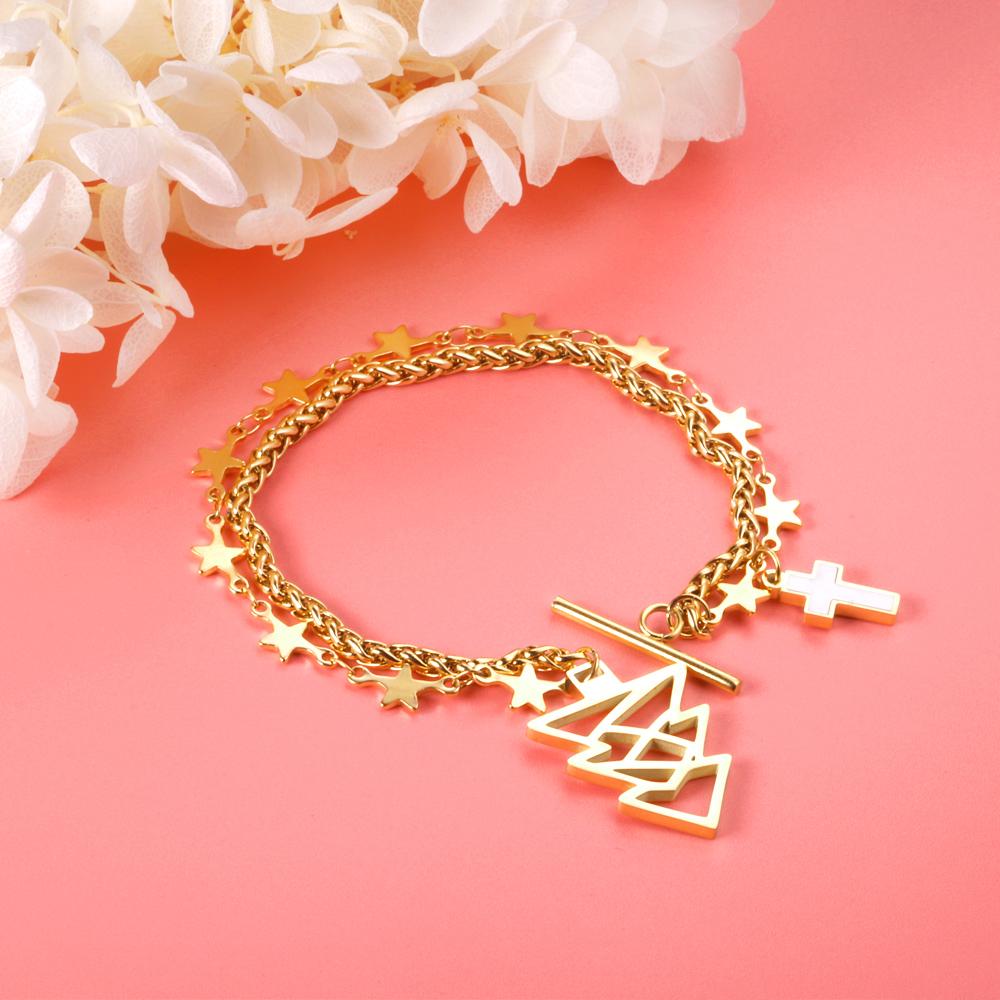 ASON Gold Color Star with Cross Charm Bracelets Stainless Steel Tree Pendant Link Bangles for Women Christmas Gift Jewelry