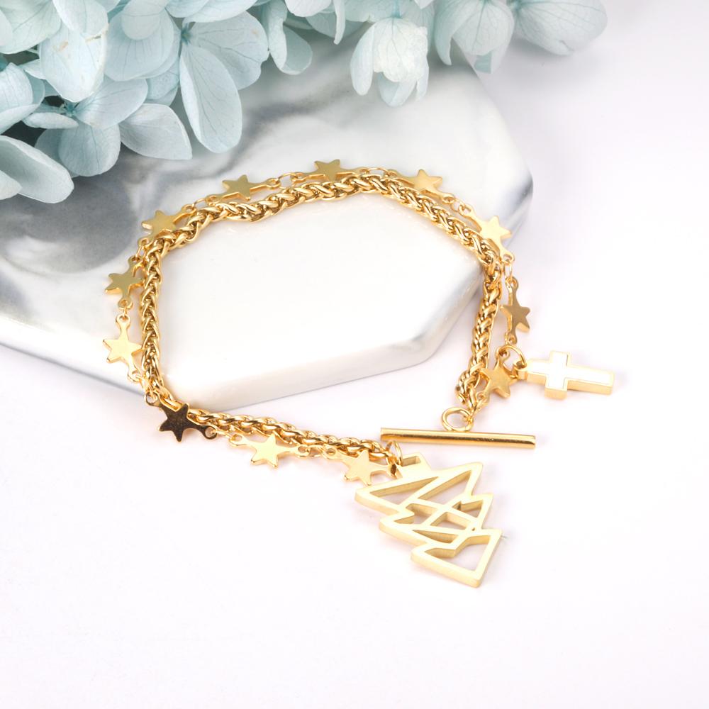 ASON Gold Color Star with Cross Charm Bracelets Stainless Steel Tree Pendant Link Bangles for Women Christmas Gift Jewelry
